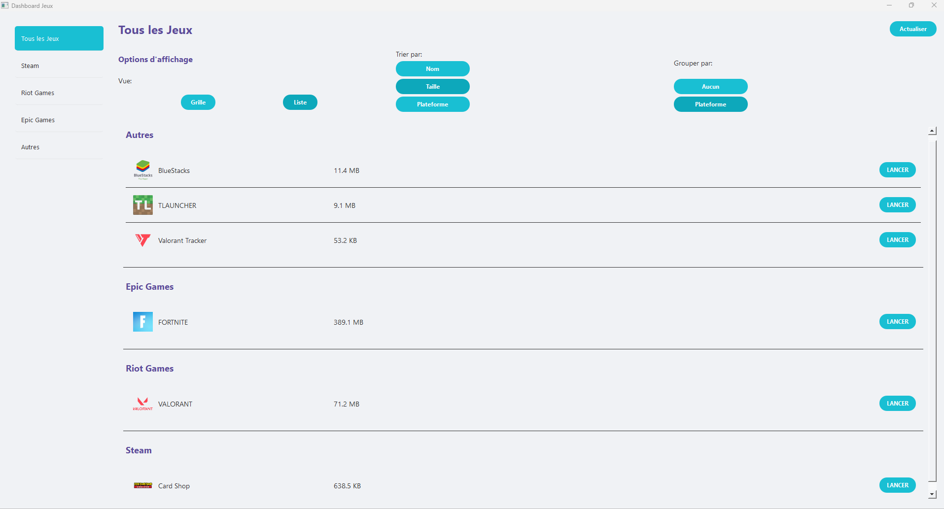 Vue groupée par plateforme